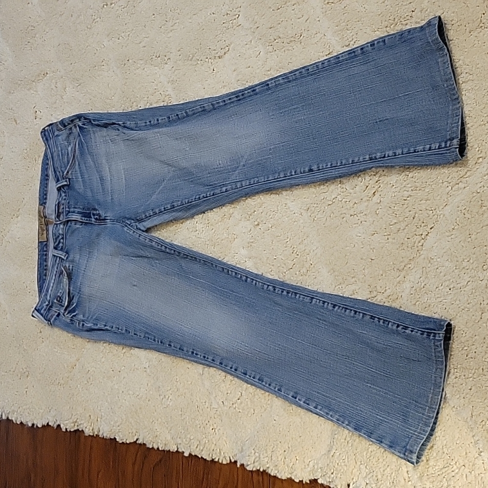 Hint jeans blue denim bootcut classic 5 pocket stretch factory distress 13 EUC…